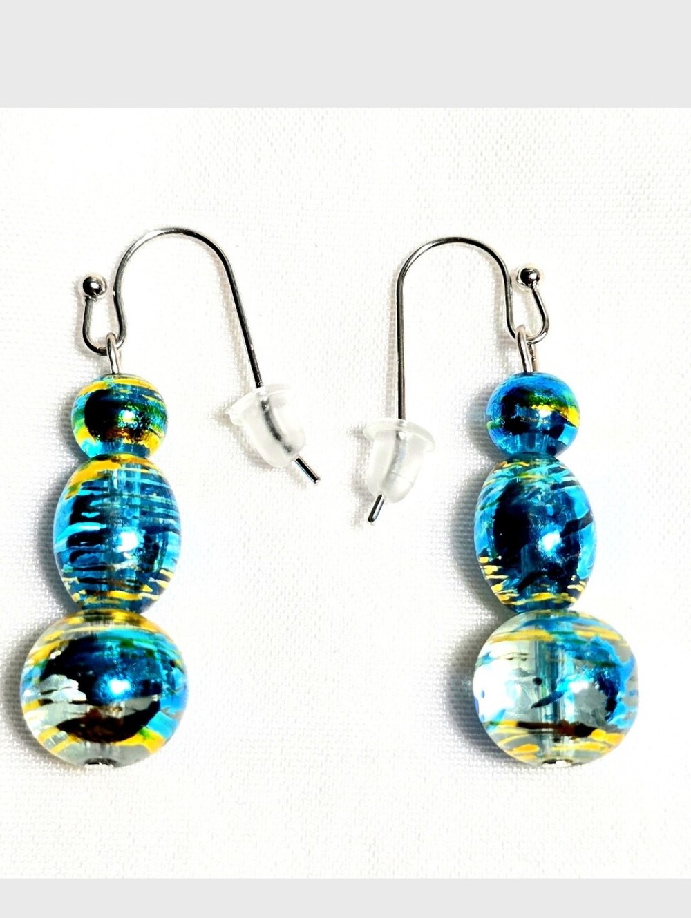 Handmade Handpainted Iridescent Torquiose Blue  Murano Glass Drop Earrings